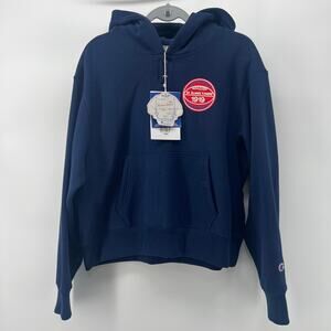 NWT Women's Champion Hooded Sweatshirt Cropped Navy Large Warm Up Reverse Weave
